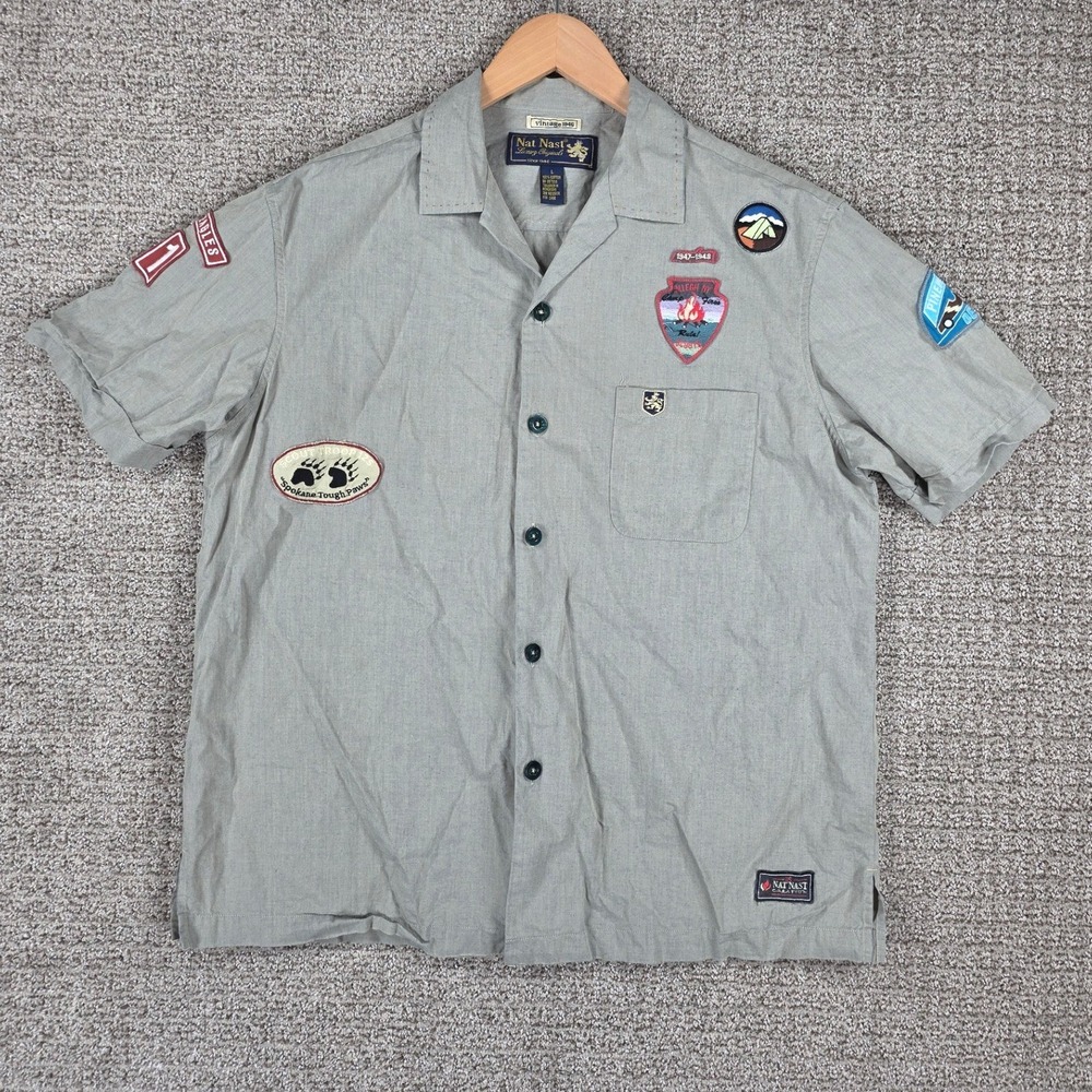 Nat Nast Vintage 1946 Mens Large Cotton Camp Shirt Scouts Patches Large Limited